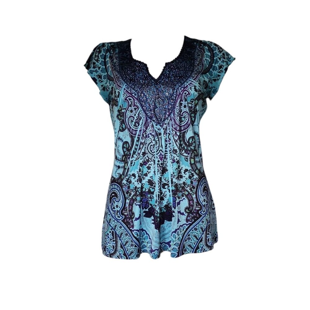 Apt 9 Top Womens Size PM Petite Medium Blue‎ Sublimation Short Sleeve Pullover
